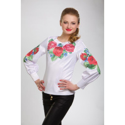 Пошита жіночої блузка-вишиванка Пишні троянди, фіалки для вишивки бісером і нитками БЖ008кБ4404