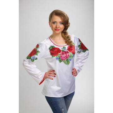 Пошита жіночої блузка-вишиванка Королівські троянди, фіалки для вишивки бісером і нитками (БЖ007кБ5002)