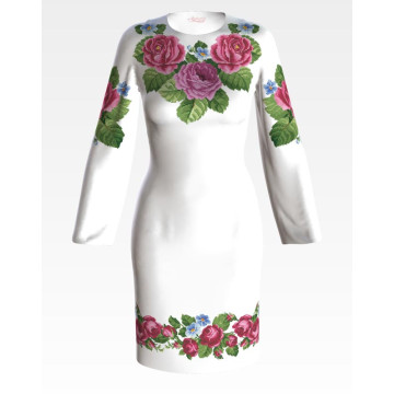 Пошита жіноча сукня-вишиванка Рожеві троянди, фіалки для вишивки бісером і нитками (ПЛ009кБ4805)