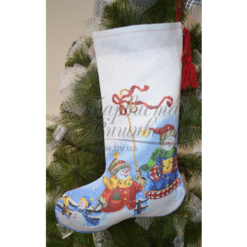 Схема Пошитий новорічний чобіток Сніговики-Колядники для вишивки бісером і нитками на тканині (ТР159аБ3149)