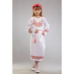 Fabric with stamped beads for bead embroidery Barvysta Vyshyvanka Kid`s dress (Ukrainian vyshyvanka), 9-12 years Pink poppies (PD015cW40nn)