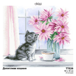 Fabric with stamped beads for beading Barvysta Vyshyvanka Inquisitive kitty 40x35 (TT026pn4035)